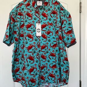 Ditch Plains Turquoise Short-Sleeve Button-Down Shirt with Red Crab Print 3XL